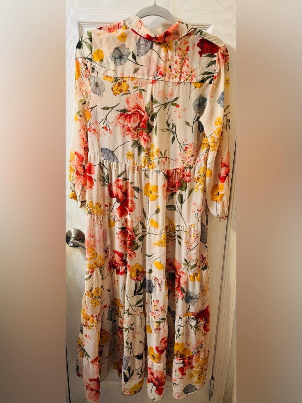 Zara Cream Floral Tiered Midi Dress with Pink & Yellow Blooms - Picture 4 of 5